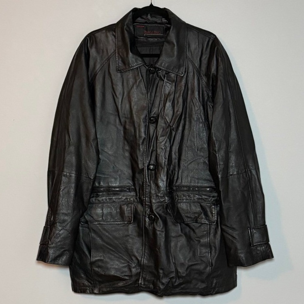 Phase Two Mens Black Leather Car Coat Jacket Removable Quilted Liner Large